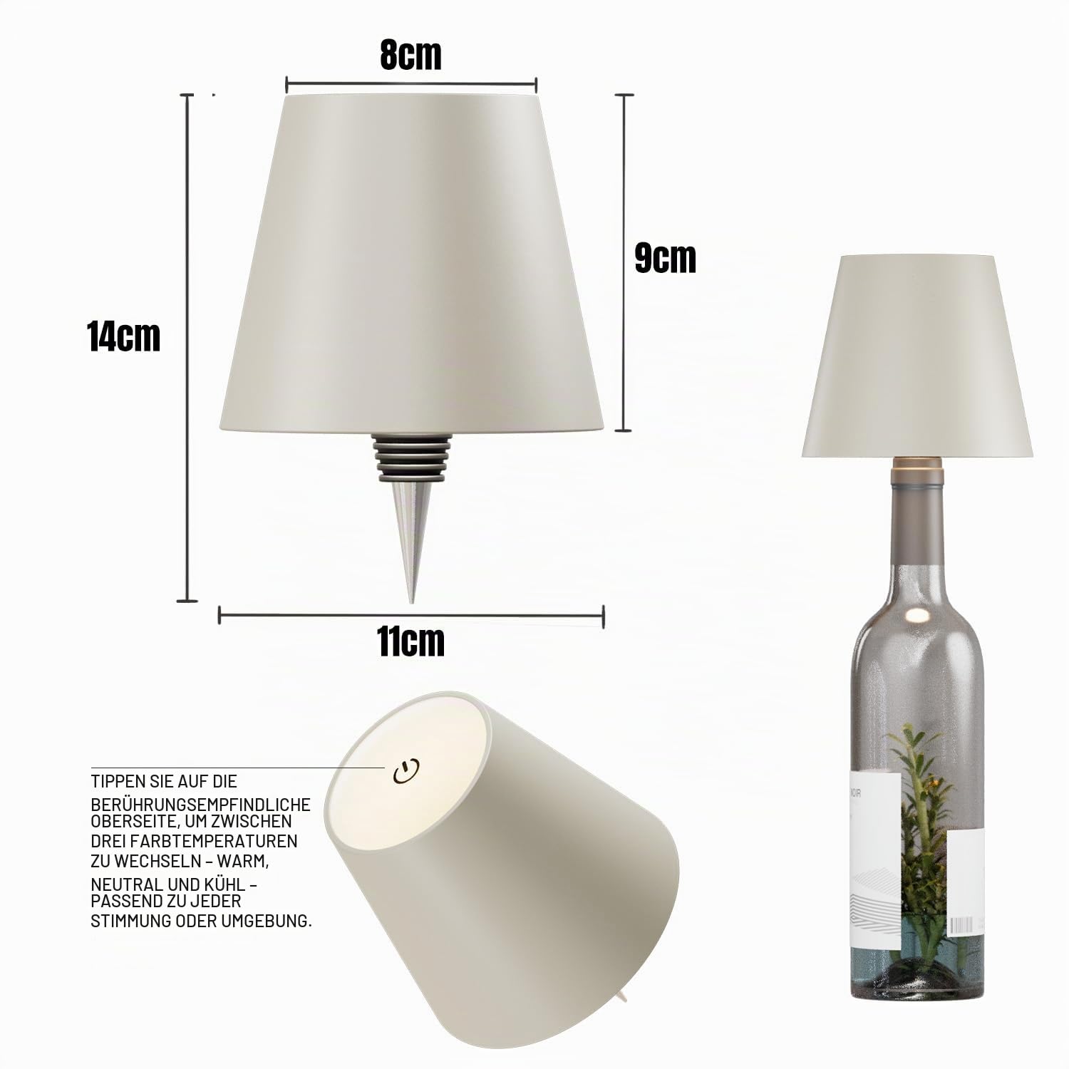 MU LIN Wiederaufladbare Flaschenlampe, kabellose Tischlampe, Touch-Steuerung, 3 Farbtemperaturmodi, dimmbar, für Wohnzimmer, Restaurant