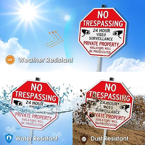 Image of T&R Large No Trespassing Private Property Sign Video Surveillance Sign with 36 inch Stake for Outside - 4 Pack - 12 inchx12 inch .040 Rust Free Heavy Aluminum, Reflective, Waterproof, Weatherproof, 4 pre-drilled holes,Includes Matching Screws & Wrench, Easy to Mount