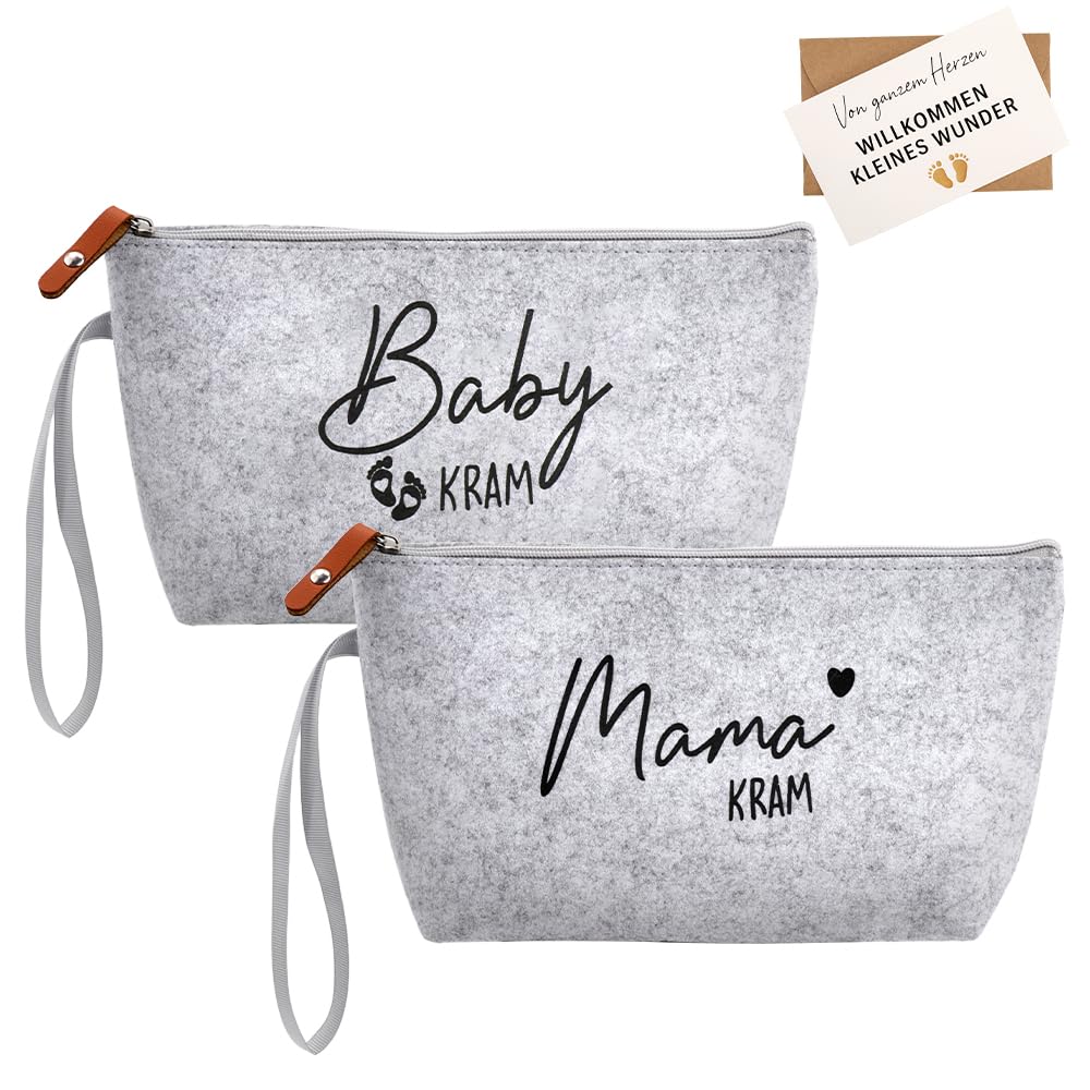 Un Cadeau Chaleureux pour Futures Mamans – Lot de 2 Pochettes en Feutre Gris Clair « Maman & Bébé » avec Carte de vœux et enveloppe – Cadeau de Grossesse, Surprise pour Baby-Shower