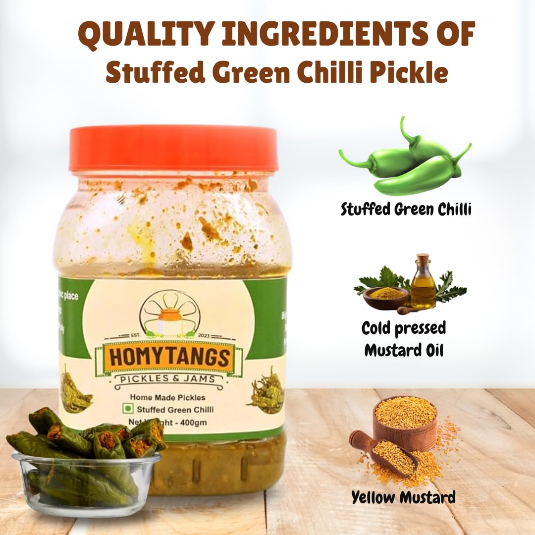 HOMYTANGS Stuffed Green Chilli Pickle 400g – Traditional Homemade Hari Mirch Ka Achar with Spicy Tangy Flavor, Natural Ingredients, No Preservatives 2