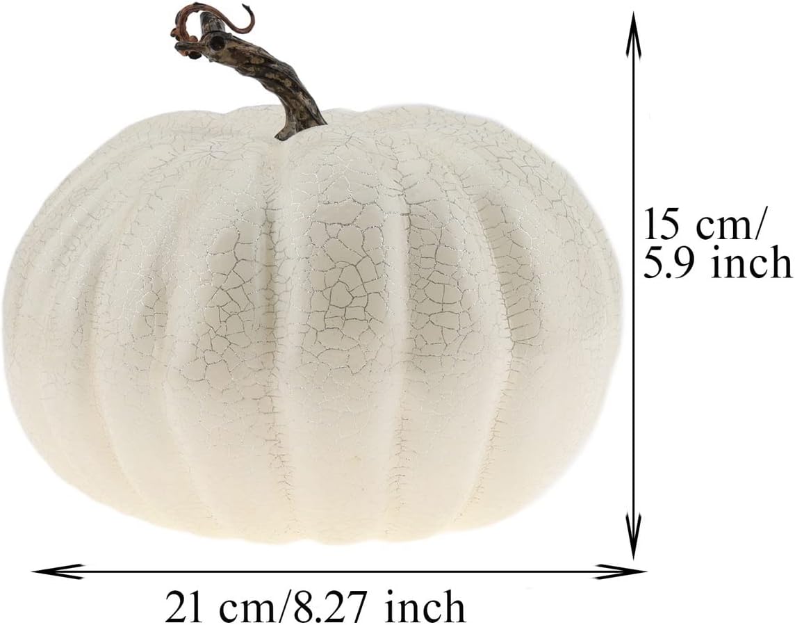 Woration 8.2 Inch Fake Pumpkin Decoration Shiny Crack Large White Artificial Pumpkin Faux Vegetable Food Model for Autumn Fall Harvest Halloween Thanksgiving Day