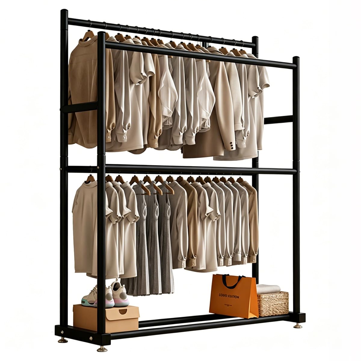 Maxgeen Perchero Burro para Ropa de Doble Poste de 2 Capas,Organizador de Metal Resistente para Ropa,Tendedero Gran Capacidad,Estante para Colgar Ropa,Ropero para Recamara 185x120x48cm (Negro)