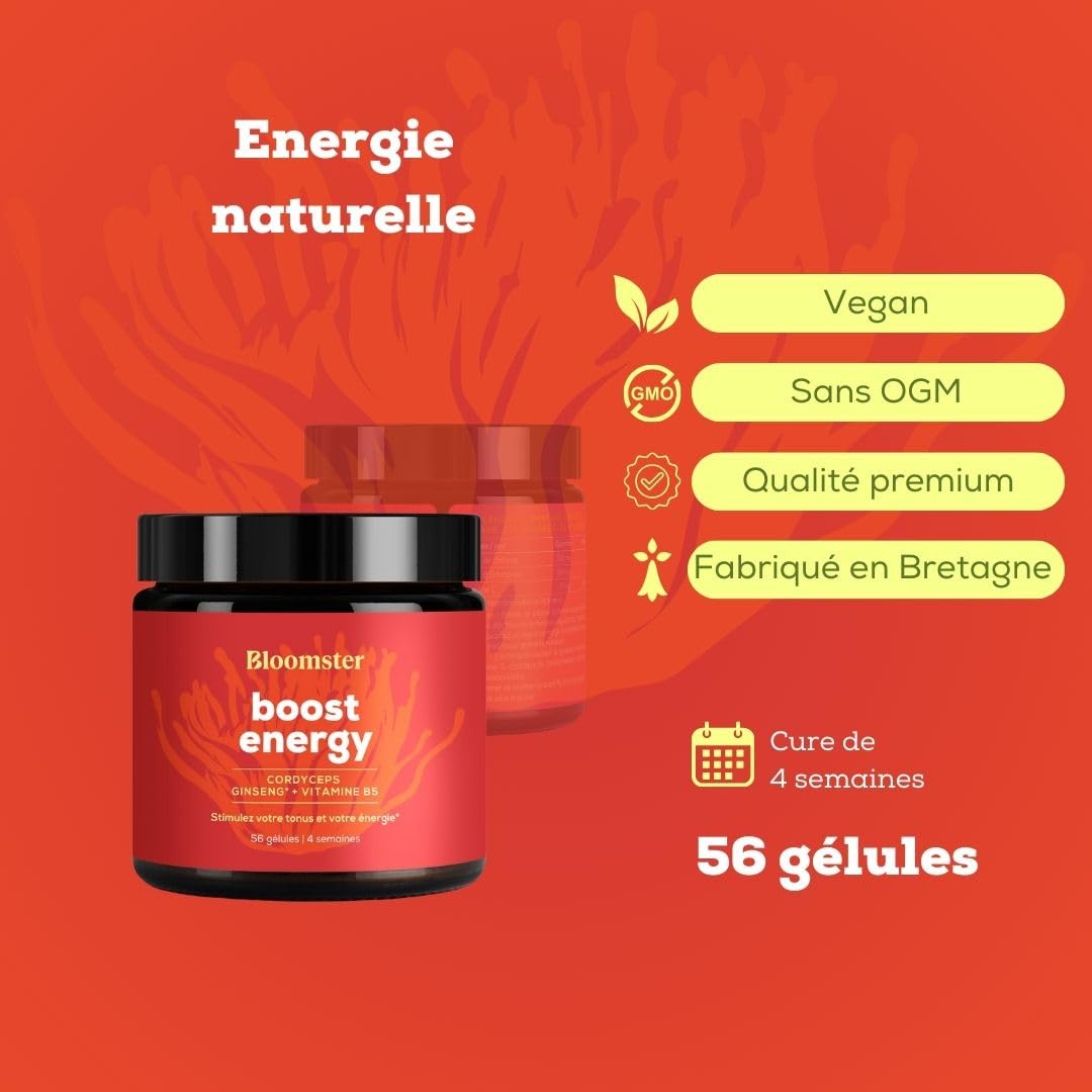 Cordyceps - Complexe Adaptogène Boost Energie & Libido - Avec Ginseng & Vitamine B5-56 Gélules Vegan - Sans Gluten ni Lactose