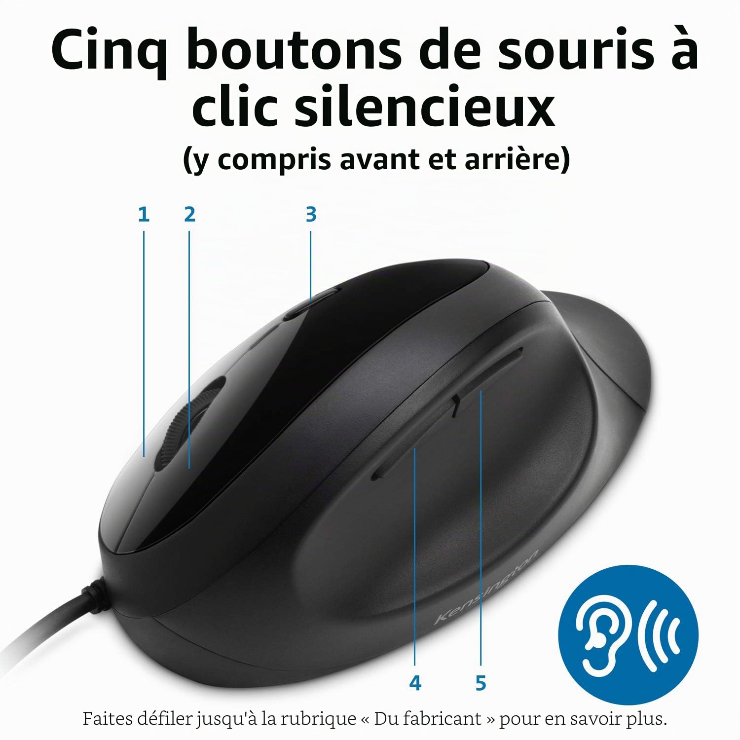 Kensington Souris Filaire Ergonomique - Souris Filaire Pro Fit Ergo pour Ordinateurs/PC/Gaming, Connexion USB 3.0, 4 Réglages DPI & 5 Boutons - Noir (K75403EU)