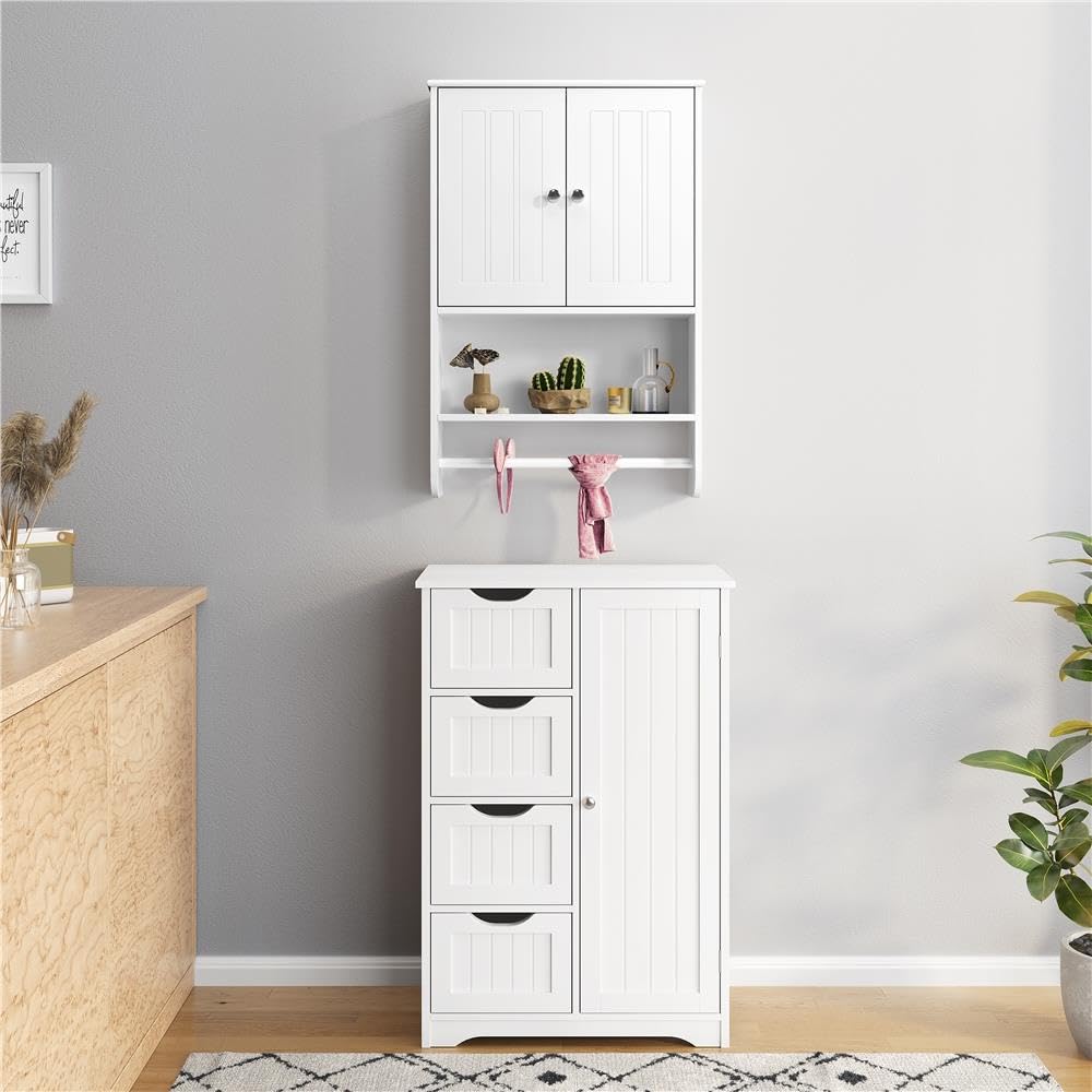 Yaheetech Armadietto/Mobiletto Bagno Sospeso Bianco Cucina Salvaspazio Pensile da Parete con 2 Ante Ripiano Regolabile Asta Porta Asciugamani 73 x 48,5 x 14 cm