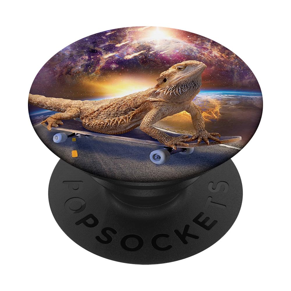 Bearded Dragon Lizard On Skateboard In Space PopSockets Adhesive PopGrip