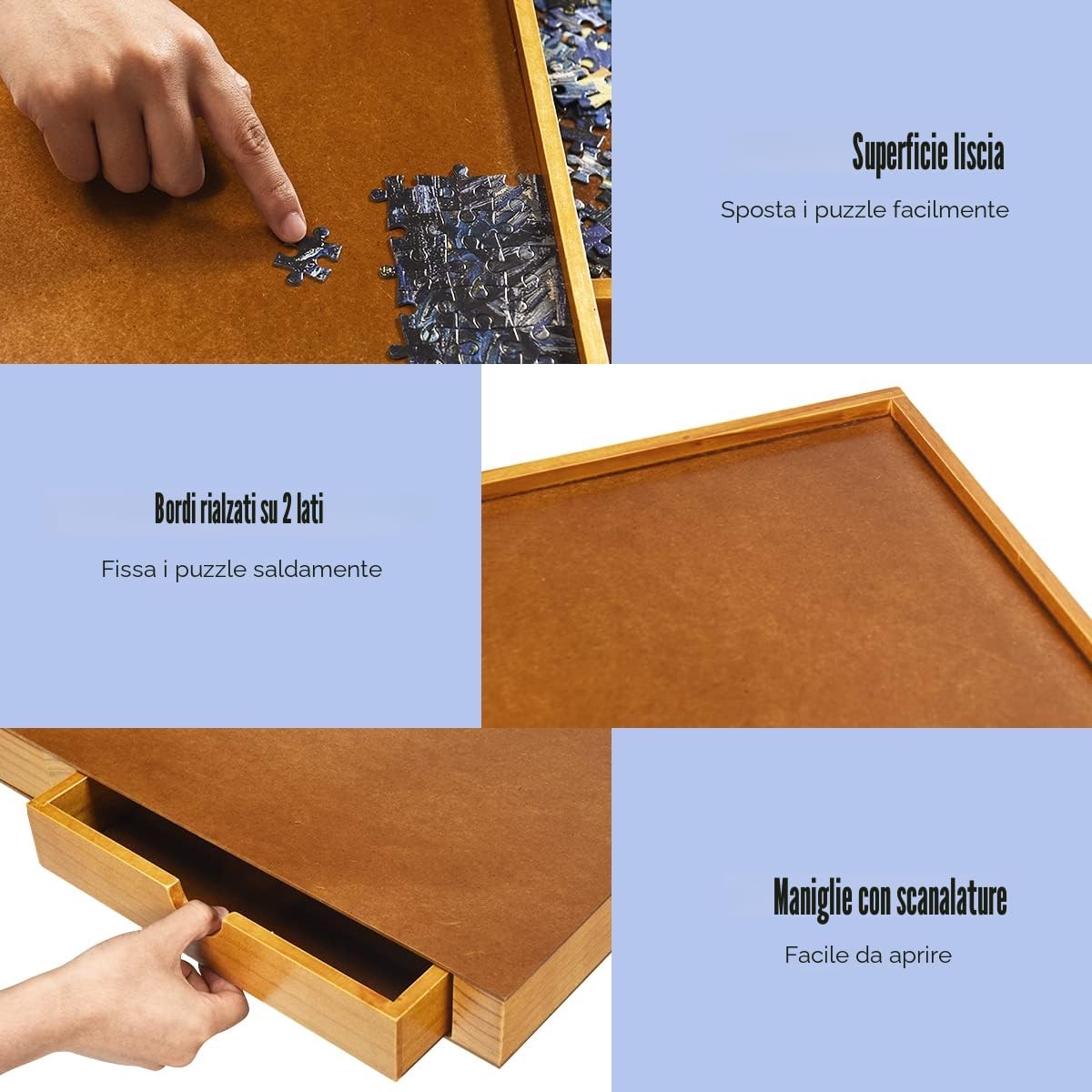 LIFEZEAL Tavolo puzzle con 4 cassetti classificati, puzzle con superficie liscia, 65 x 80 cm, tavolo puzzle portatile per 1000 – 1500 pezzi, salvaspazio, facile da riporre, legno di pino