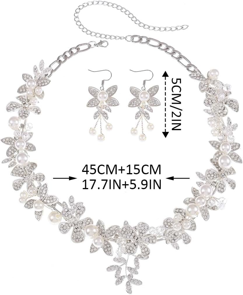 Unicra Crystal Flower Bridal Wedding Jewelry Set Rhinestone Necklace Earrings Sets Pearl Formal Costume Jewelry for Women and Brides - Image 5