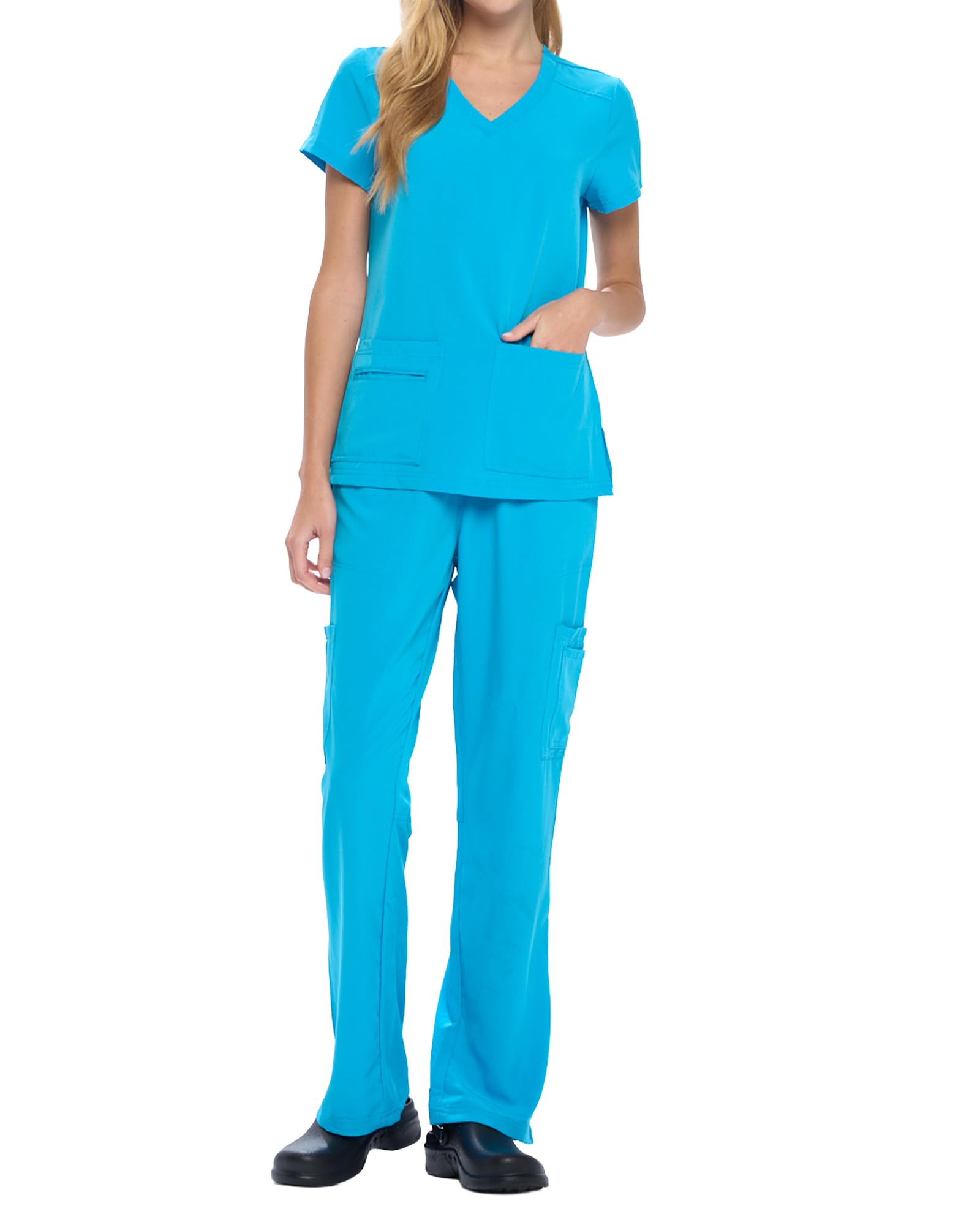 Natural Uniforms Women's Cool Stretch V-Neck Top and Cargo Pant Scrub Set with Regular and Petite Sizes