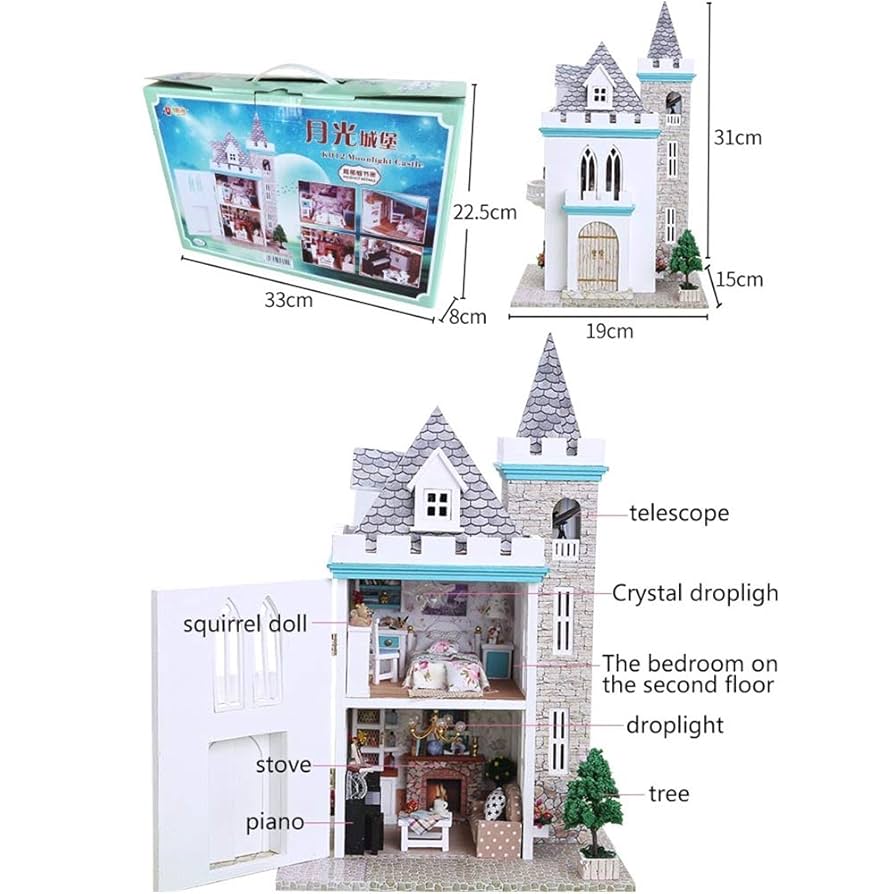 Amazon.co.jp: 家具付きドールハウス城ミニチュア、DIY木製