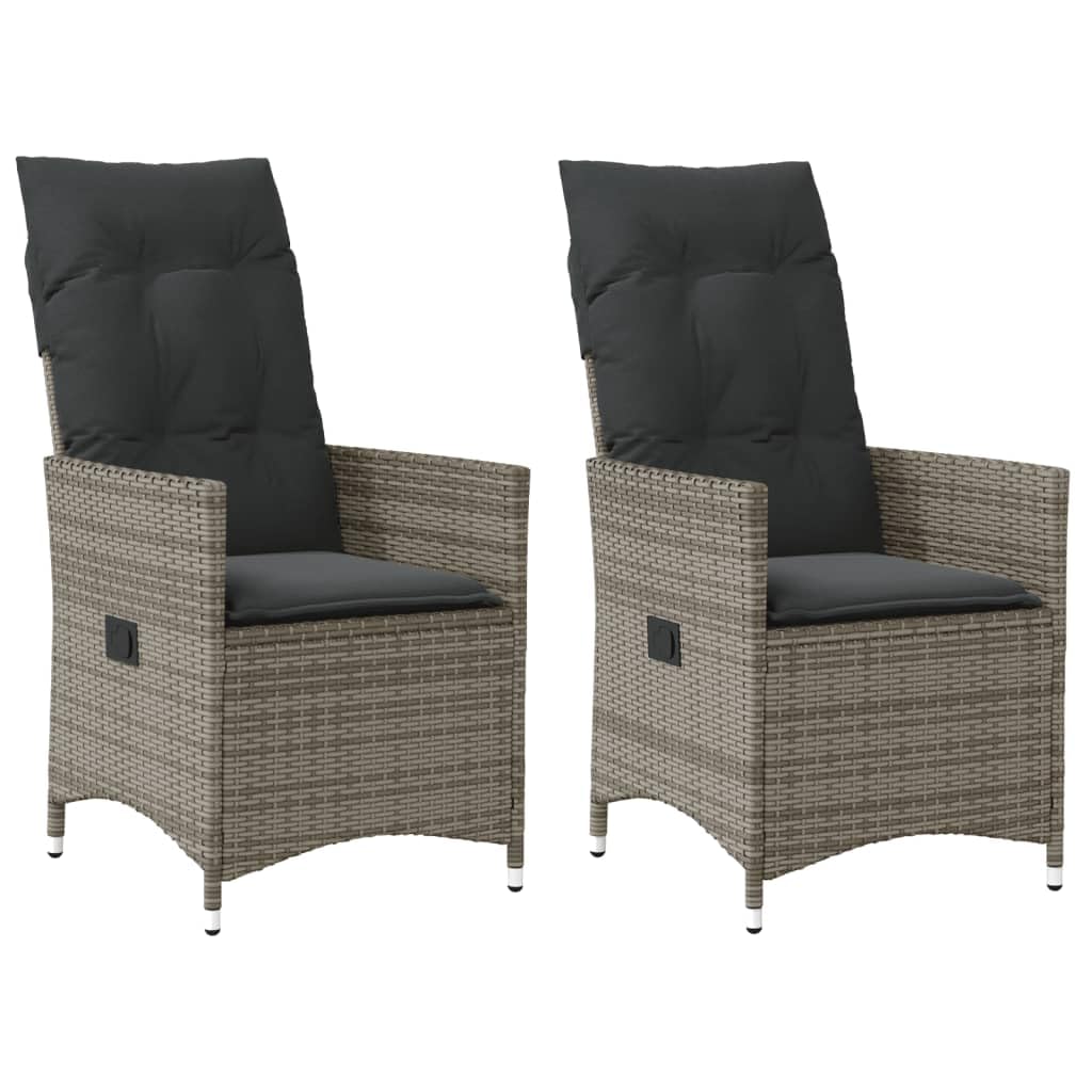 vidaXL Gartensessel mit Kissen 2 STK., Verstellbar Gartenstuhl mit Stahlrahmen, Loungesessel für Außenbereich, Relaxsessel Sthulset, Grau Poly Rattan