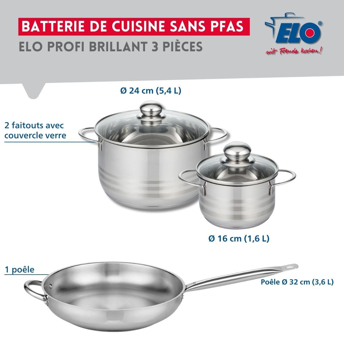 Elo Batterie cuisine poêle 32 cm et 2 faitouts 16/24 cm | Lot de 3 pour équiper la cuisine, Inox sans revêtement, Poêle 32 cm, Faitouts 16 et 24 cm, Induction four lave vaisselle