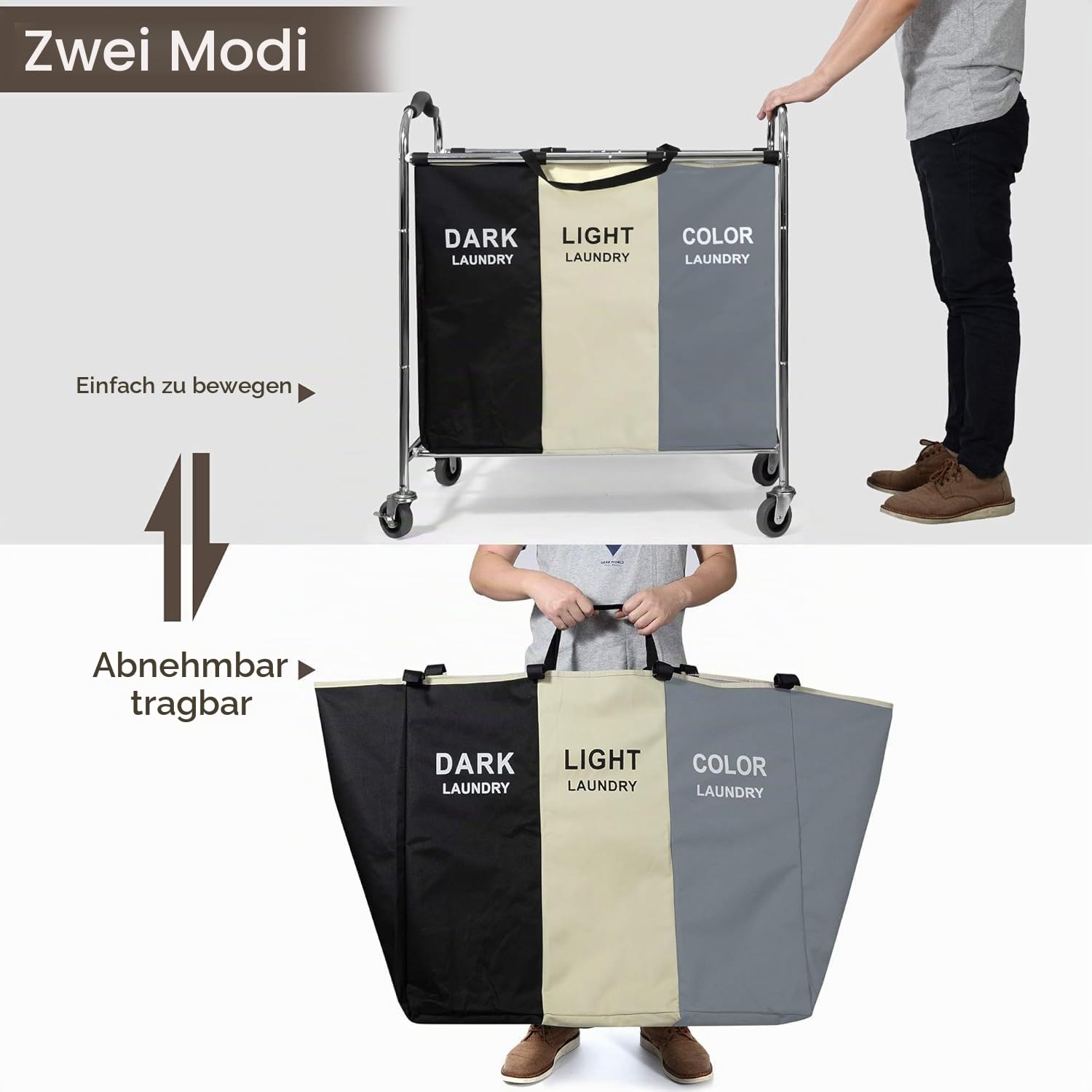 Wäschesortierer Mit Rollen - 240L Wäschekorb Mit Herausnehmbaren Tragetaschen - 3-Fach-Wäschewagen Mit Feststellbaren Rollen - Premium Zusammenklappbarer Wäschekorb Für Deutsche Haushalte (Weiß)