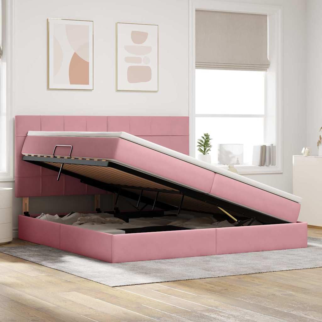 Cama de almacenamiento con colchón de terciopelo rosa de 200 x 200 cm, cama doble de metal con somier de láminas y tiras LED, espacio de almacenamiento y cabecero para dormitorio, cómodo