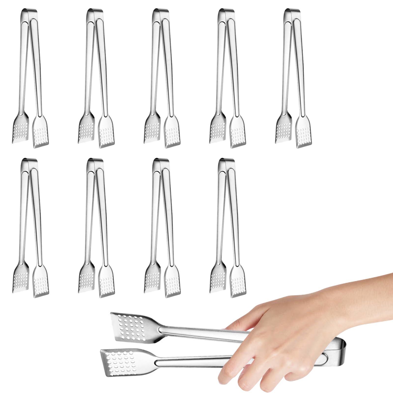 10 Pack Serving Tongs Kitchen Tongs Buffet tongs Stainless Steel Food Tong Small Serving Utensils for Cooking Tea Party Coffee Bar (10 Inch （10 Pack）)