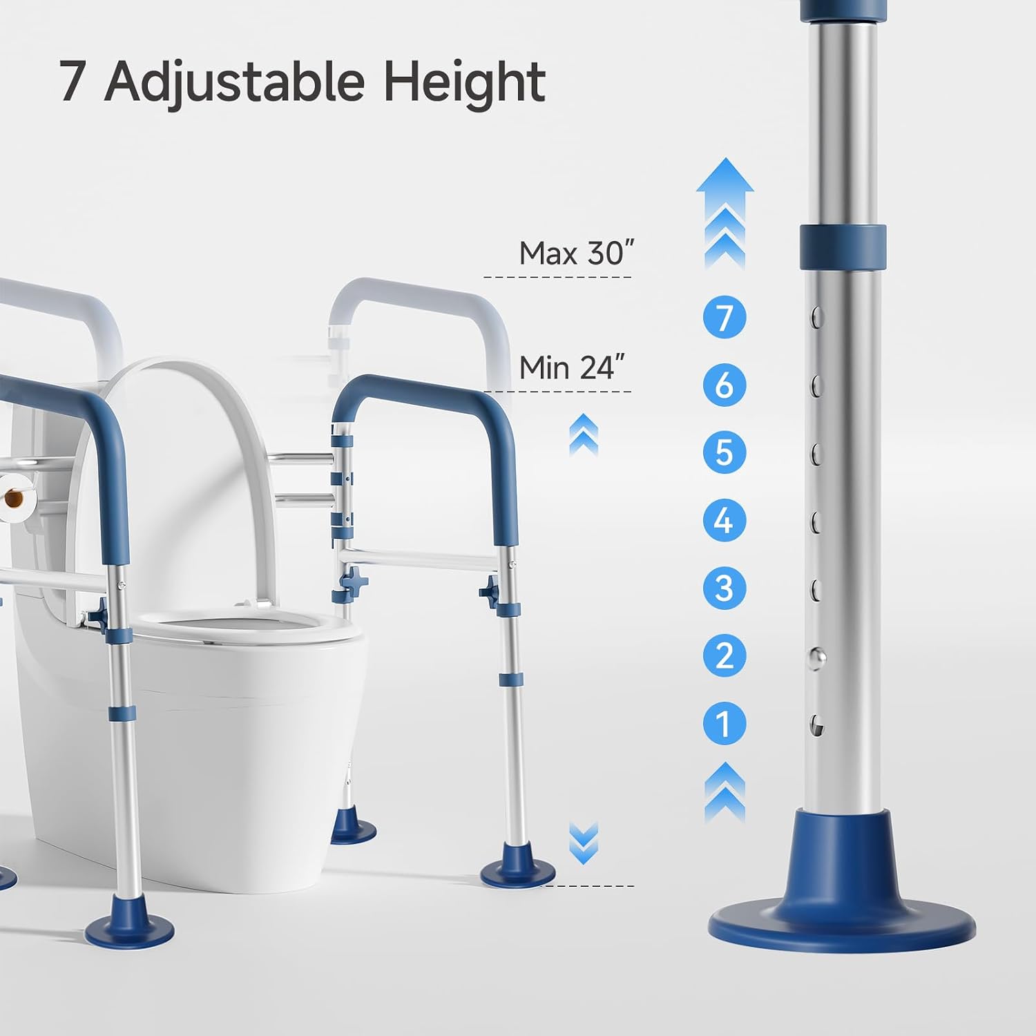 Close-up of the Loyoda Toilet Safety Frame's leg showing 7-level height adjustment from 24 to 30 inches.
