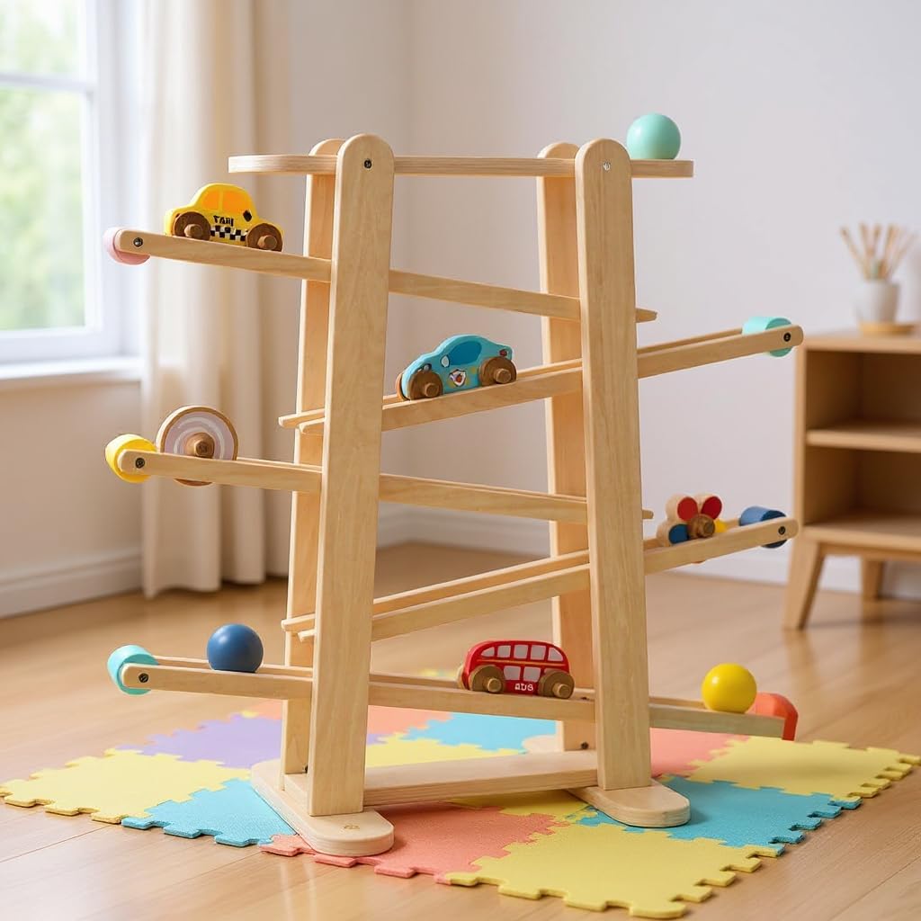 Große Kugelbahn aus Holz von Oh My Baby, Murmelbahn-Set, inklusive 9 Autos und Spielzeugbälle. Kugelbahn für Kinder ab 1 Jahr, Größe: 57 x 60 cm, FSC Lindenholz