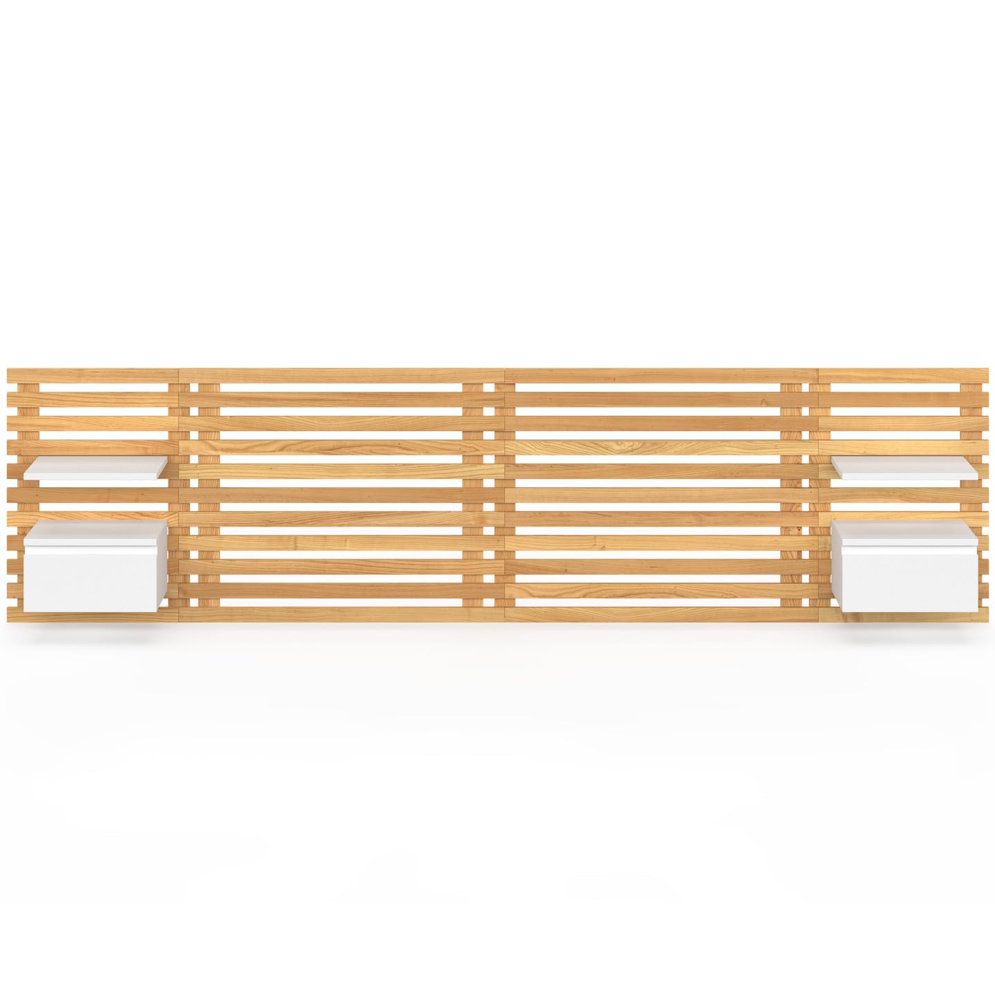 IDMarket - Cabecero de lamas AVA con mesillas colgantes 240 CM madera clara y blanco