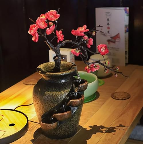 Fontana per vasi a cascata da tavolo, fontane d'acqua da tavolo, con fiori simulati, per soggiorno, ufficio, sala da pranzo, 30 x 18 x 40 cm