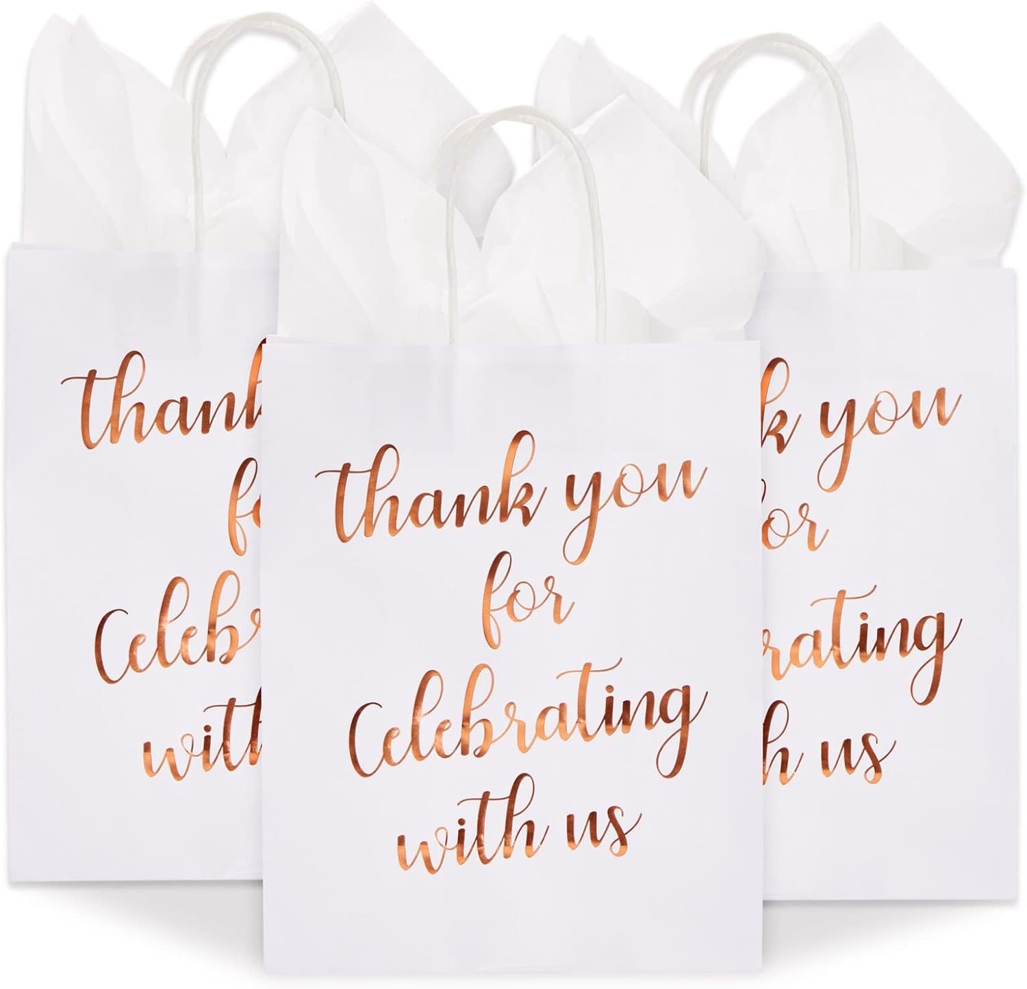 Sparkle and Bash Wedding Welcome Bags Rose Gold - 15-Pack Medium 10x8x4 in Rose Gold Foil Paper with Handles - Bridal Shower Thank You Gift Bag With Tissue Paper & Party Favor