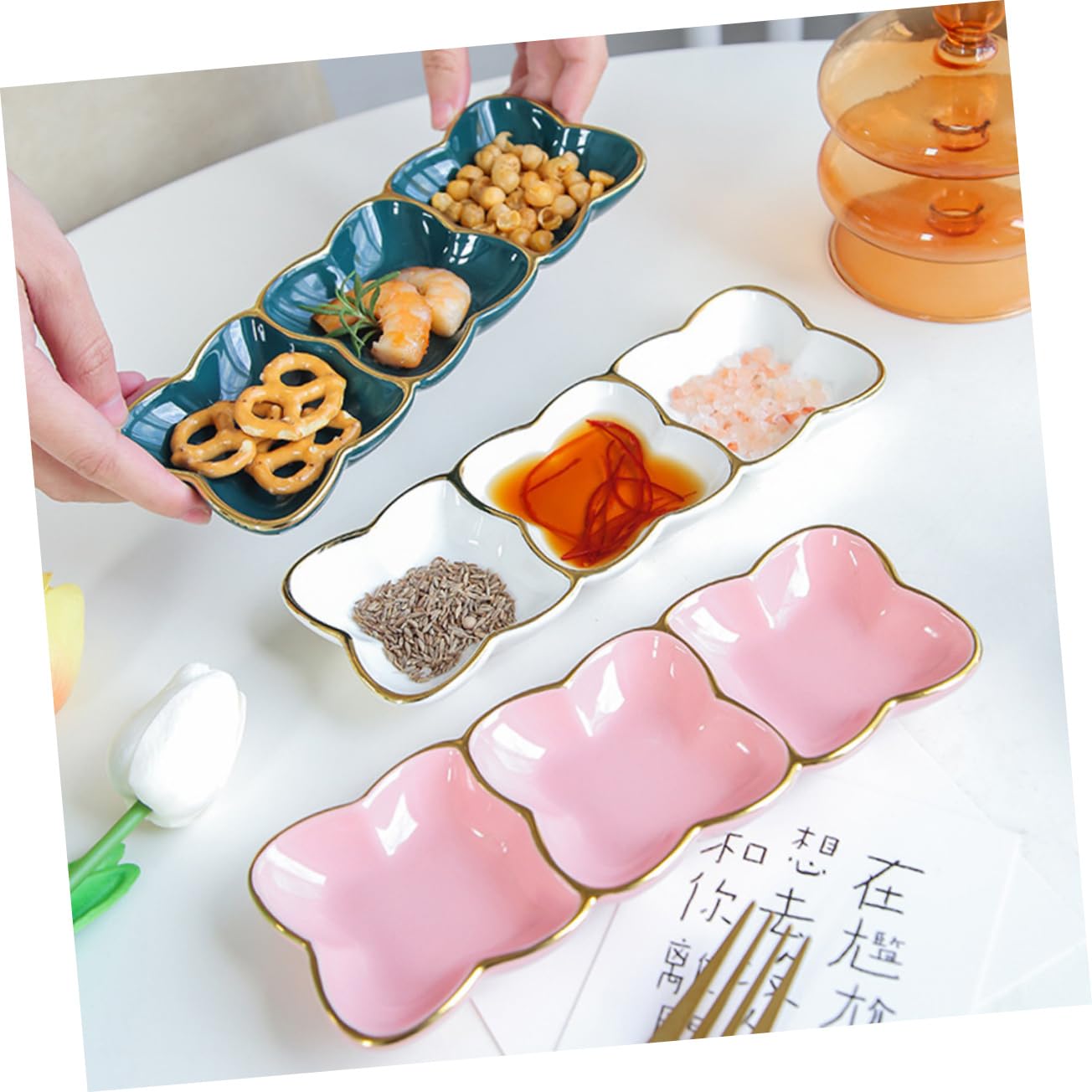 BRIGHTFUFU Ceramic Three-slot Serving Plate Sauce Dishes for Charcuterie Relish Condiments Multi-purpose Dish for Restaurant Use
