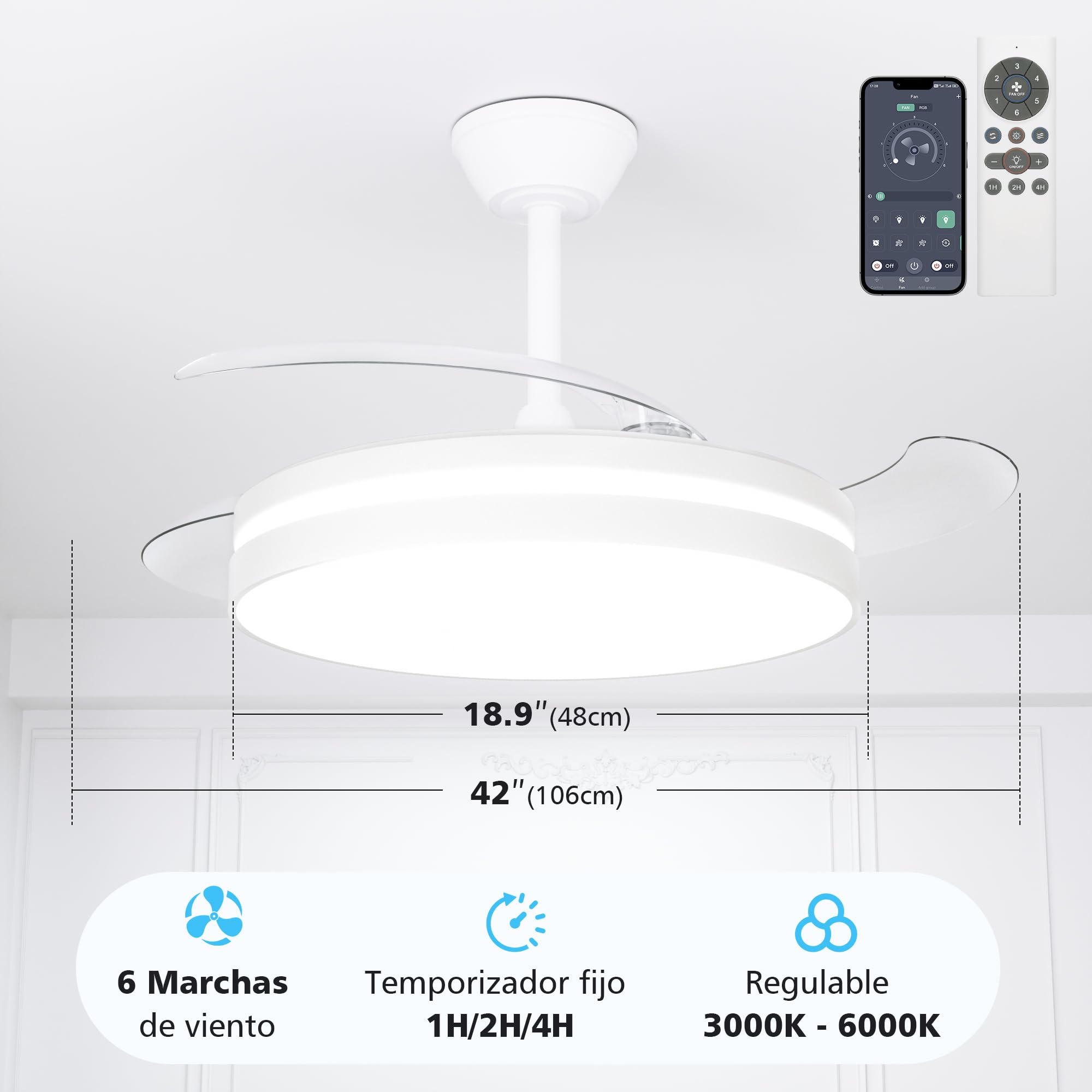 NIORSUN Ventilador de techo con luz,42" (106cm) Ventilador de techo,3 tonalidades, aspas desplegables, 40w 6 velocidades, APP&control remoto, Función Verano-Invierno,Blanco
