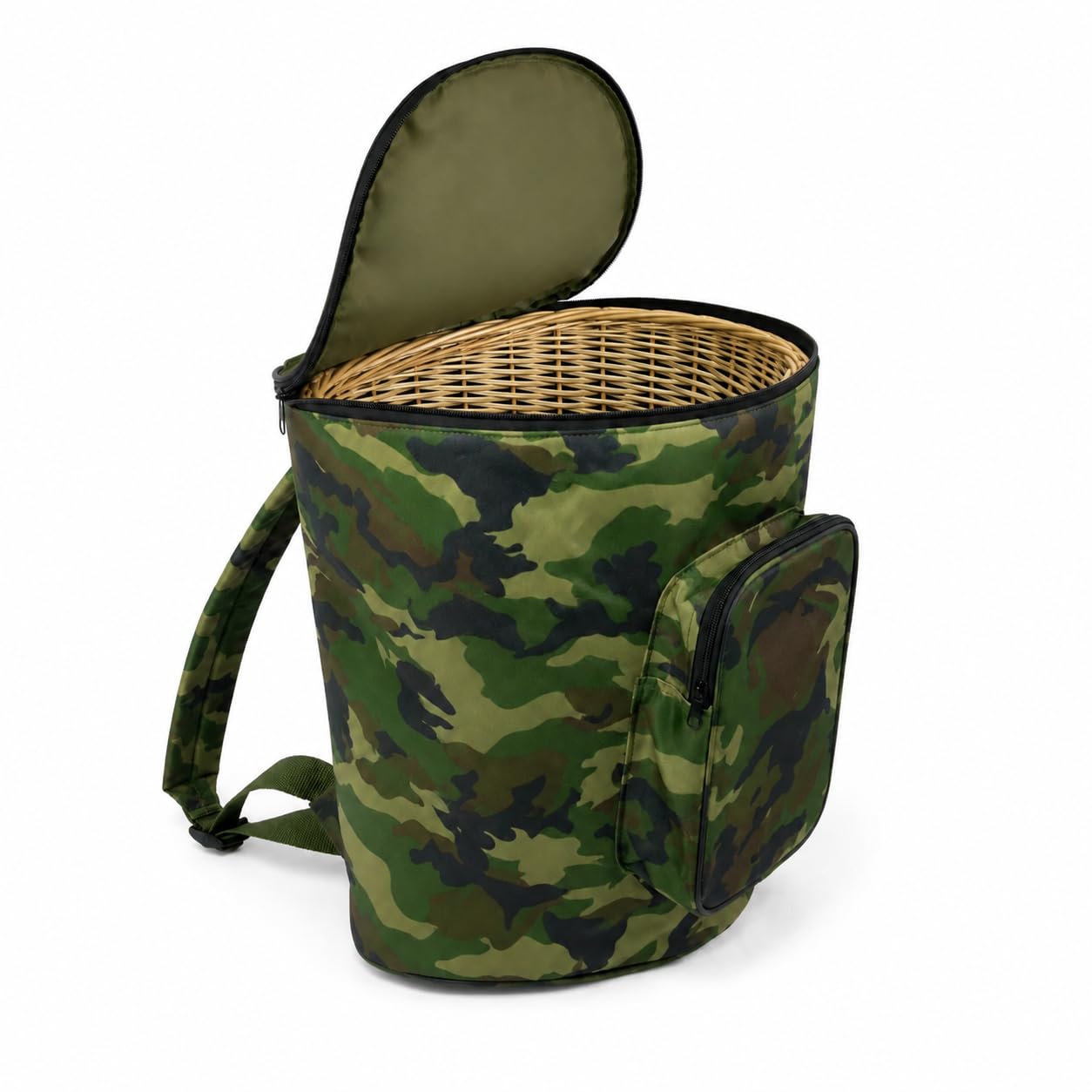 PALUPLUS Zaino con Cesta per Raccolta Funghi color Verde Mimetico, Misura 42x36x46 cm, Tasca Portaoggetti, Schienale con Cuscino Imbottito, Chiusura a Cerniera e Spallacci Regolabili -8599F -2,2