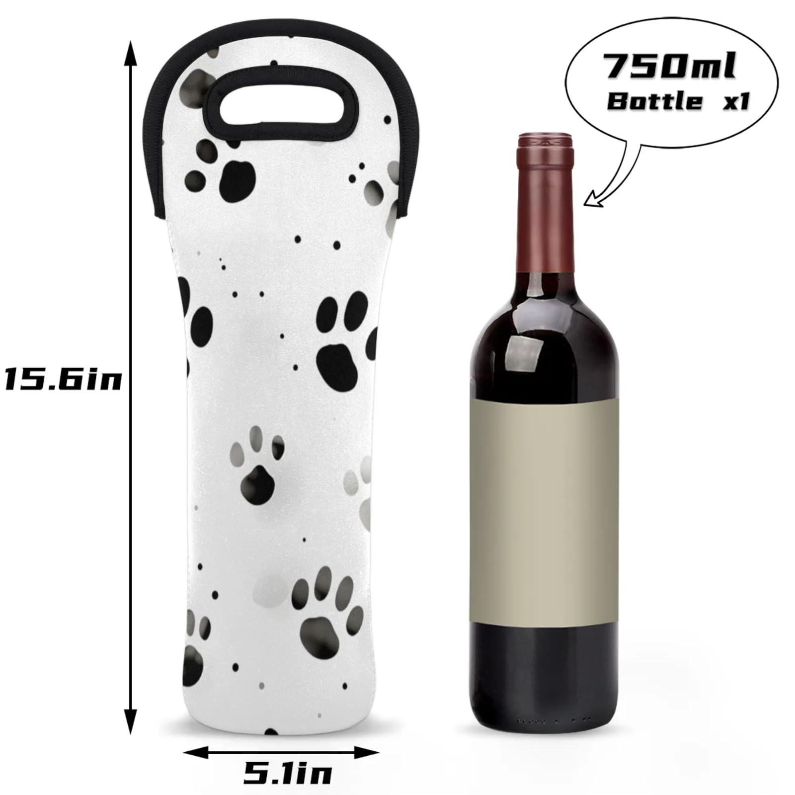 Neoprene Wine Tote Carrier Bag for Wine,Water, Champagne, Beer, Baby Bottles 15.6 x 5.1 Inches, Protective Wine Bag,Dog Paw