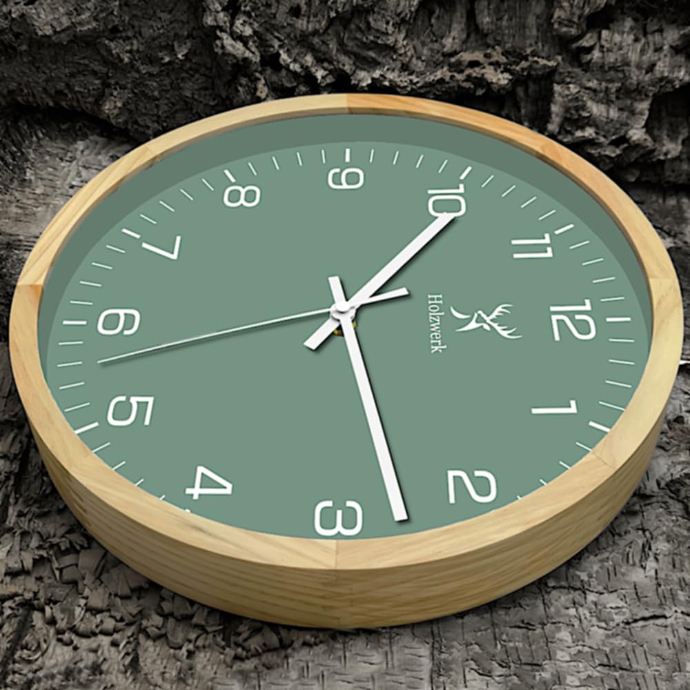 Holzwerk NAUMBURG Natur Holz Wanduhr Quarzwanduhr Moderne Wand-Uhr Glas Grün Buche nahezu lautloses Uhrwerk aus handgefertigtem Massivholz 30 cm Durchmesser (Grün-Beige)