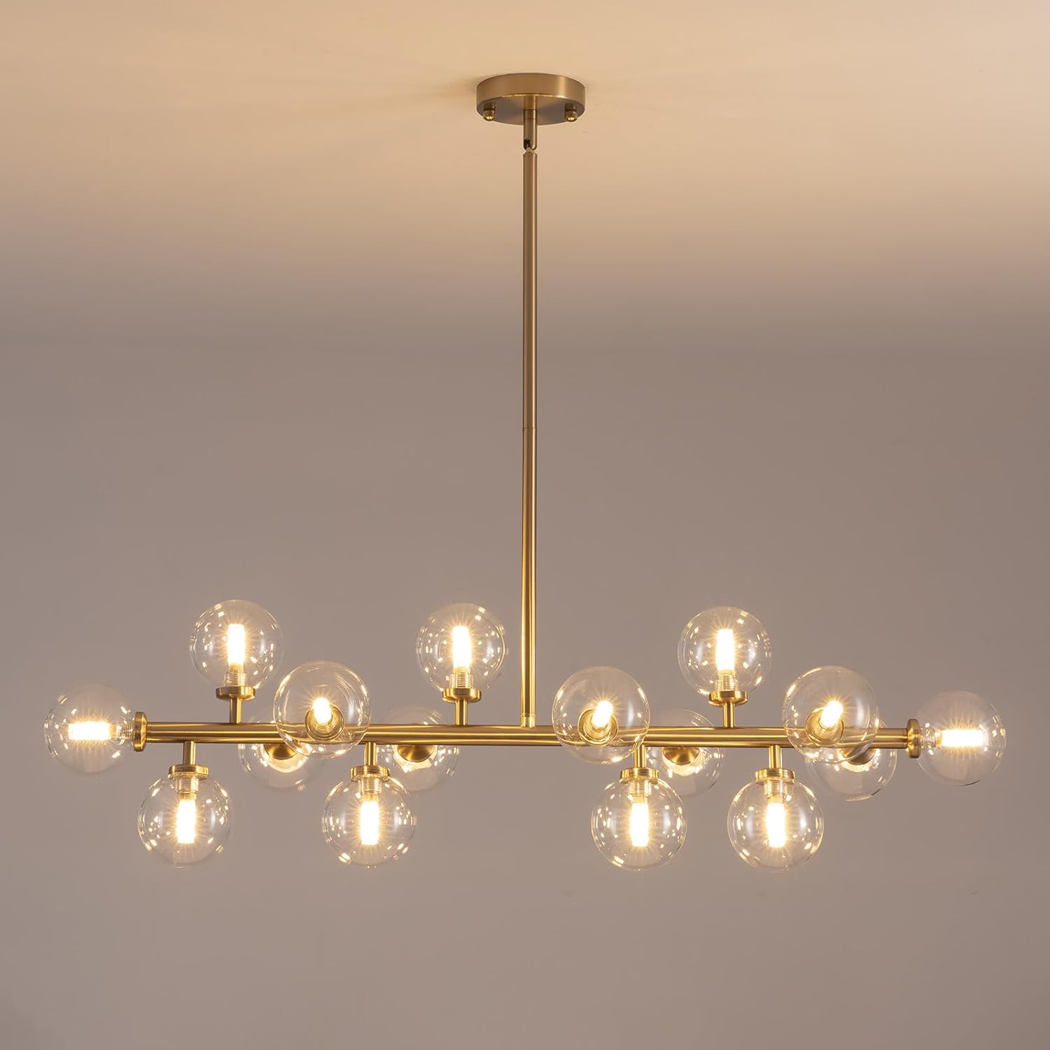 Gold Mid Century Modern Chandelier for Dining Room Light Fixture, 16-Light Glass Globe Bubble Linear Sputnik Light Fixture Chandelier for Kitchen Island Living Room, L39.4''