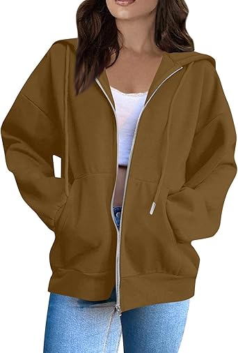 OIOLOYJM Zipper Hoodies for Women Long Sleeve Oversized Sweatshirts Y2k Drawstring Soft Jacket 2025 Fall Fashion with Pockets