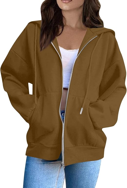 OIOLOYJM Zipper Hoodies for Women Long Sleeve Oversized Sweatshirts Y2k Drawstring Soft Jacket 2025 Fall Fashion with Pockets