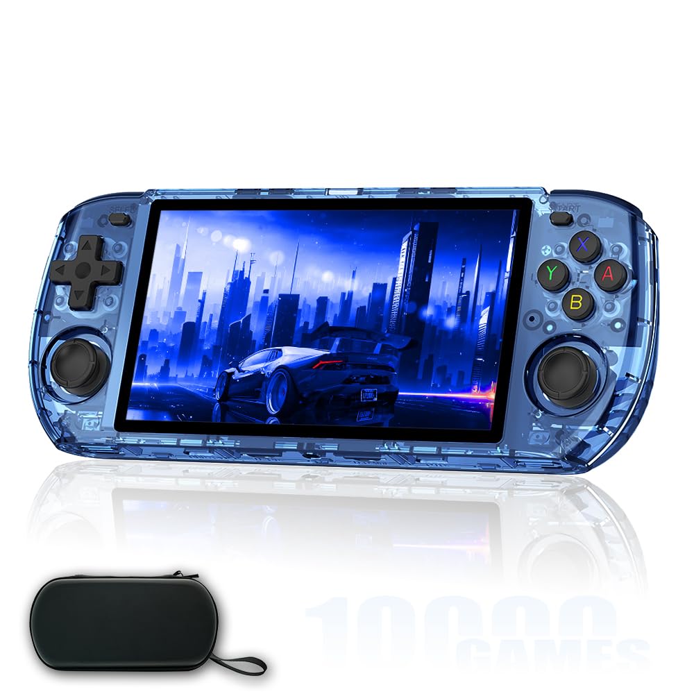 RGB10MAX 3 Handheld Game Console 5.0-inch IPS RK3566 4000mAh 2.4GWF BT Preinstalled Retro System 16+64GB with Portable Case Transparent Blue
