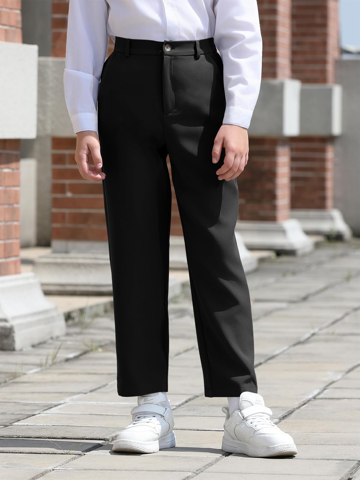 Haloumoning Pantalones de vestir para niños con cintura elástica y pierna recta, pantalones casuales con bolsillos