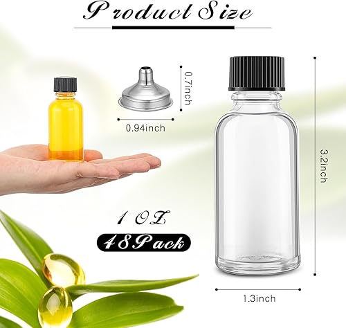 Miniatura 2 de Hsei 48 botellas de vidrio de 1 onza con tapa negra, muestra transparente, botella redonda Boston pequeños recipientes de vidrio con tapas, botellas