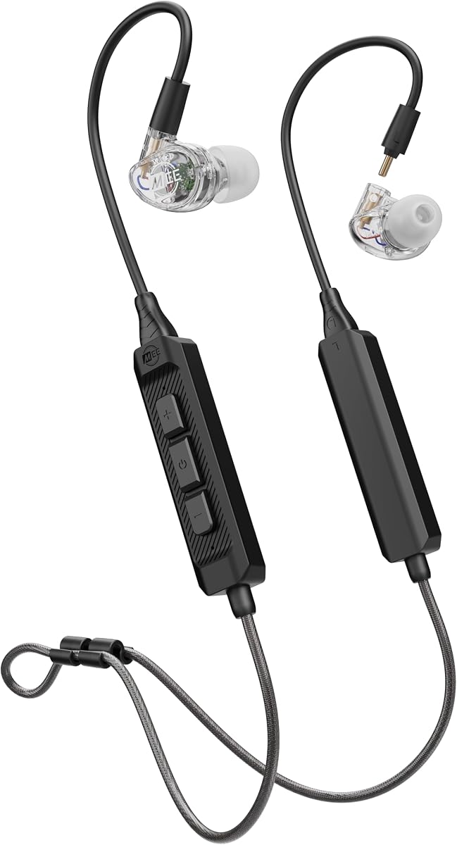 MEE audio MX4 PRO Monitores internos para músicos con cable + paquete combinado inalámbrico: incluye IEM híbridos MX4 PRO Quad-Driver, 2 cables y adaptador de audio Bluetooth de alta resolución con aptX, LDAC y auriculares (transparente)
