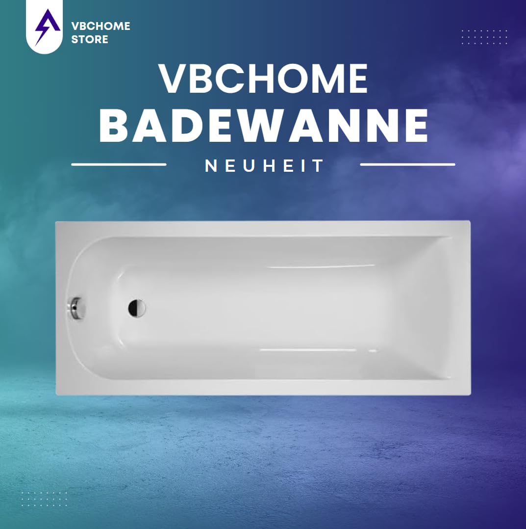 VBChome Badewanne 170x70 cm Weiß Acryl SET – Rechteckwanne mit Styroporträger, Siphon und Ablaufgarnitur in Chrom – Modernes Design, Robustes Material, Einfache Montage