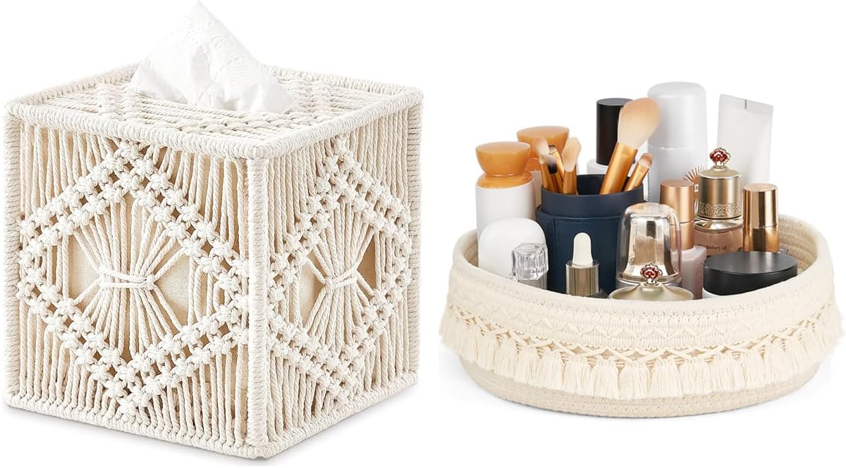 Mkono Macrame Makeup Brush Holder - Boho Woven Basket With Plush Lining, Ivory