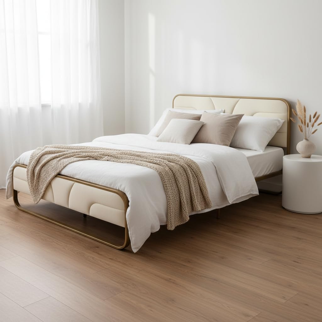 APRODZ Modern Metal Platform Bed Frame with Upholstered Velvet Queen Size Tufted Headboard & Heavy-Duty Slat Support - Beige-image-19