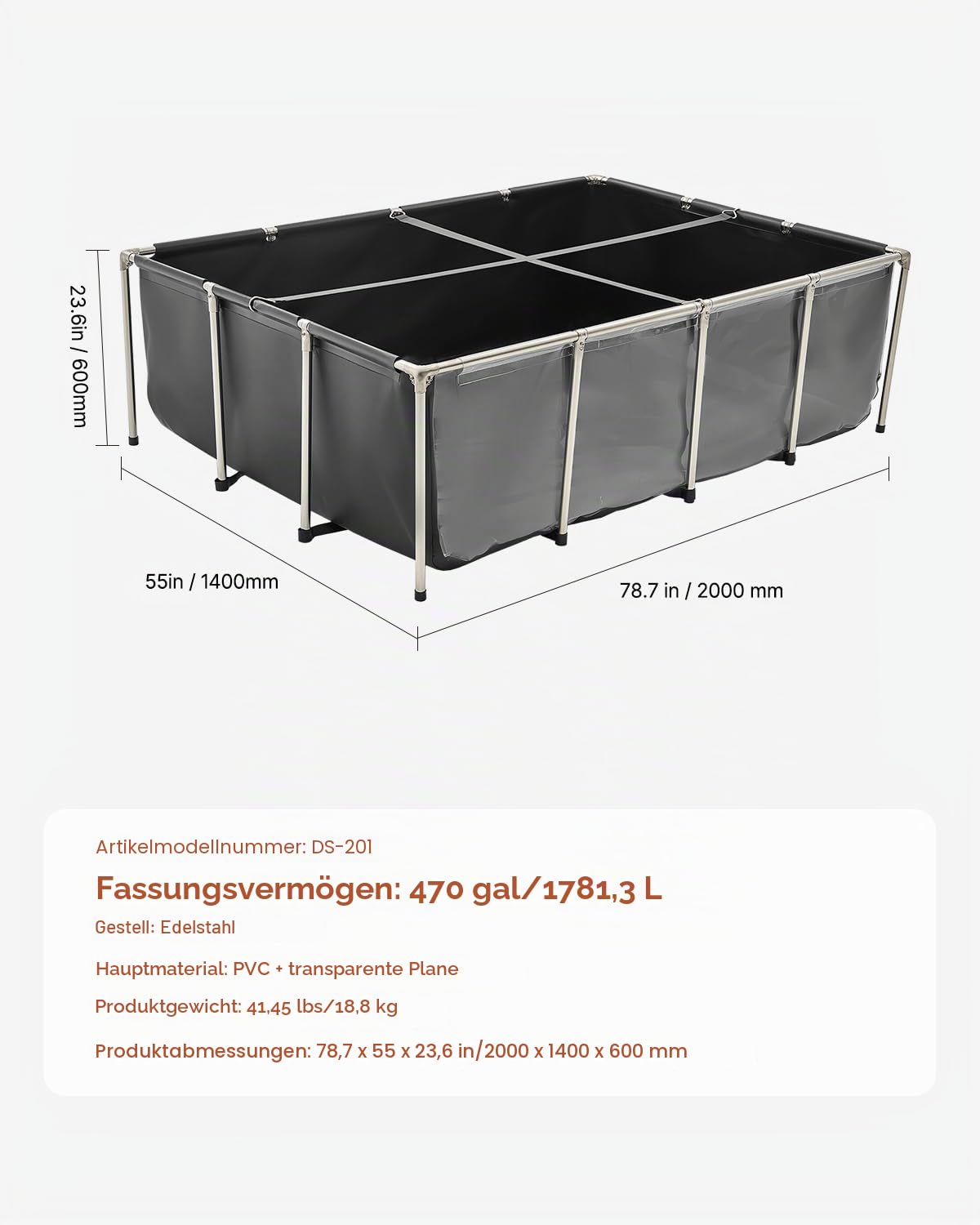 VEVOR Fischteich aus Segeltuch, 1781,3 L Fischtank, PVC-Koi-Tank mit transparentem Sichtfenster, Aquarium mit Edelstahlrahmen & Ablassventil, für Zucht von Koi, Goldfisch (schwarz)