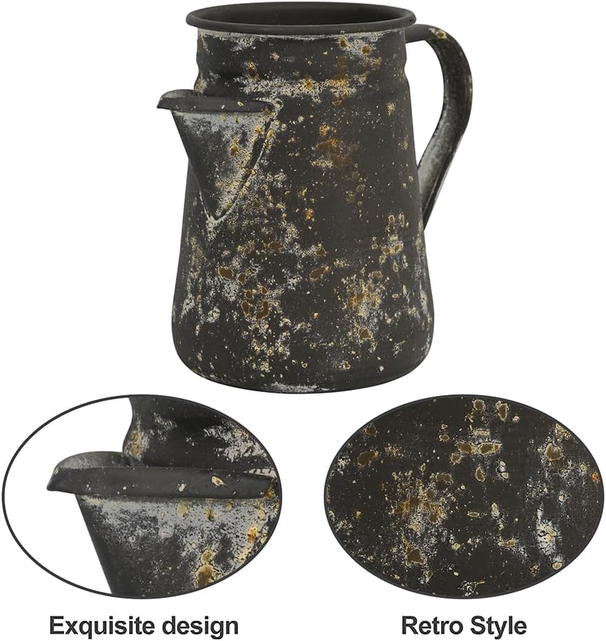 Vintage Pitcher Vase Rustic Farmhouse Vase for Flowers Vintage Metal Milk Jug Small Decorative Pitcher Shabby Chic Decor for Home, Kitchen, Bathroom, Brown - Image 4