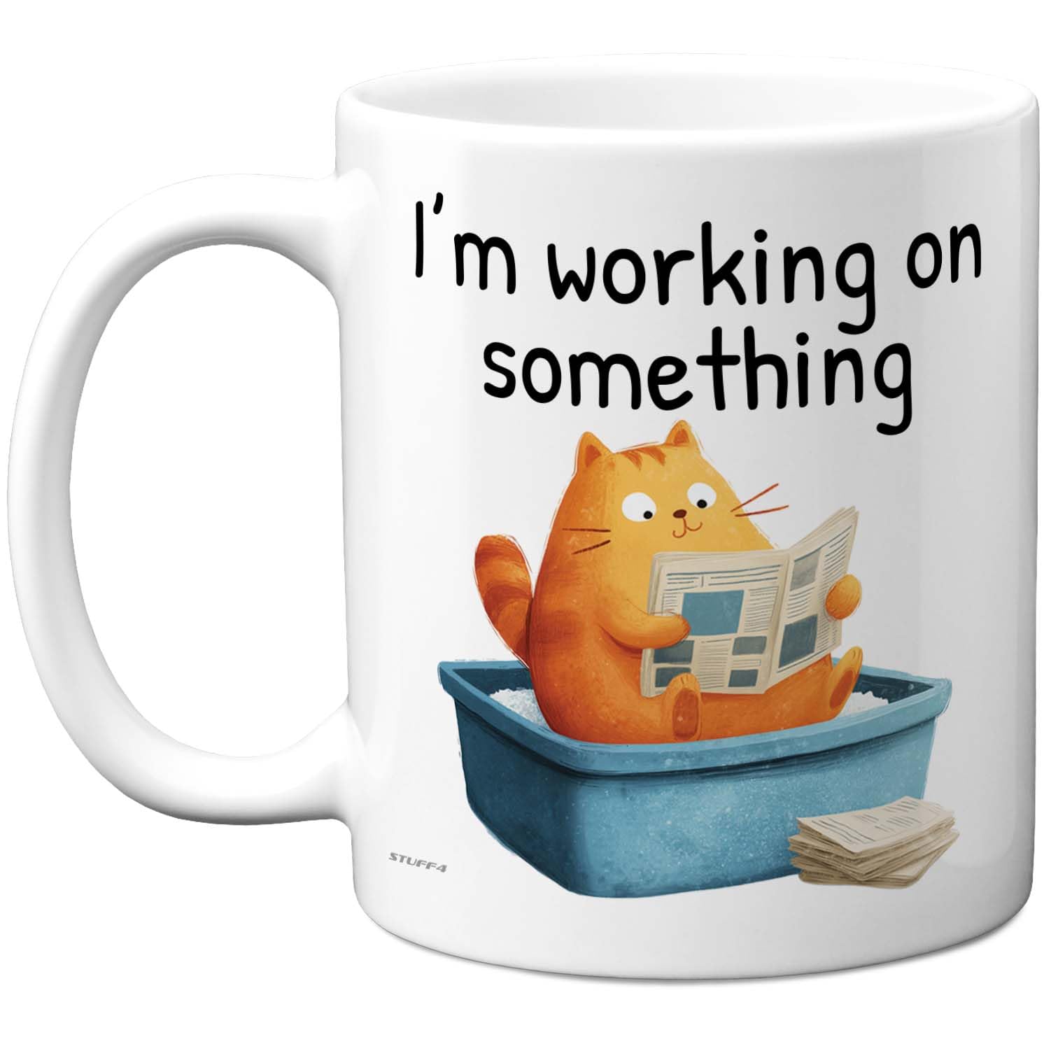 Stuff4 Funny Cat Mug - Cartoon Feline Reading Newspaper - I'm Working on Something Slogan for Tea or Coffee Lovers - 11oz Ceramic Gloss Mug