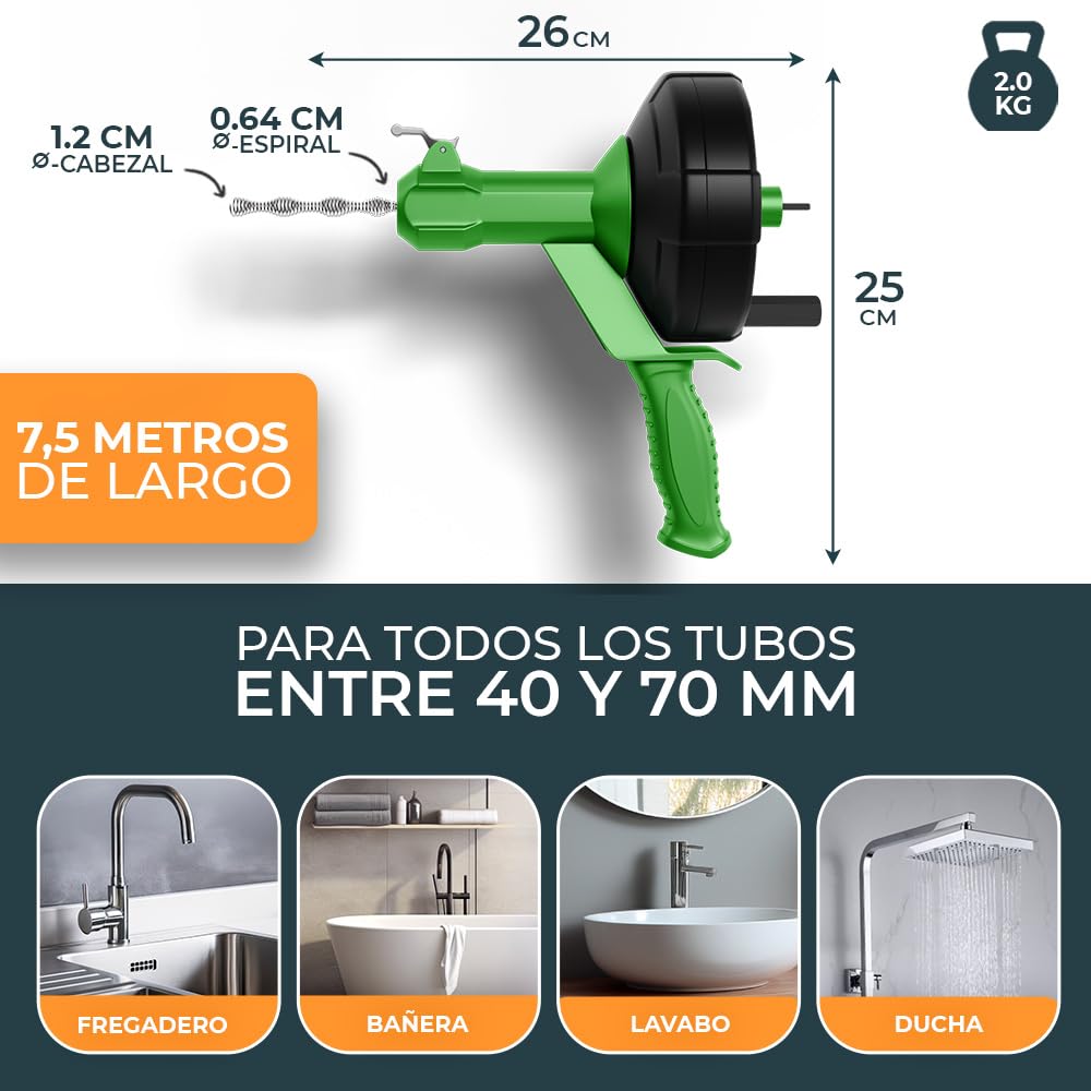 Meisterfaktur Desatascador Tuberias [7,5M] - Función Automática - Espiral para Desatascar Tuberias Automática - ¡Espiral Limpiador de Desagües y de Tuberías para Aficionados al Bricolaje!