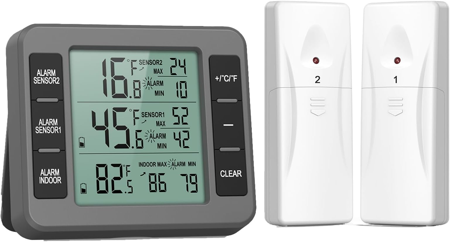 Fridge Freezer Thermometer, Indoor Outdoor Temperature Monitor | Upgraded Digital Temp Gauge with Remote Sensor & Audible Alarm for Freezer, Kitchen & Household Use
