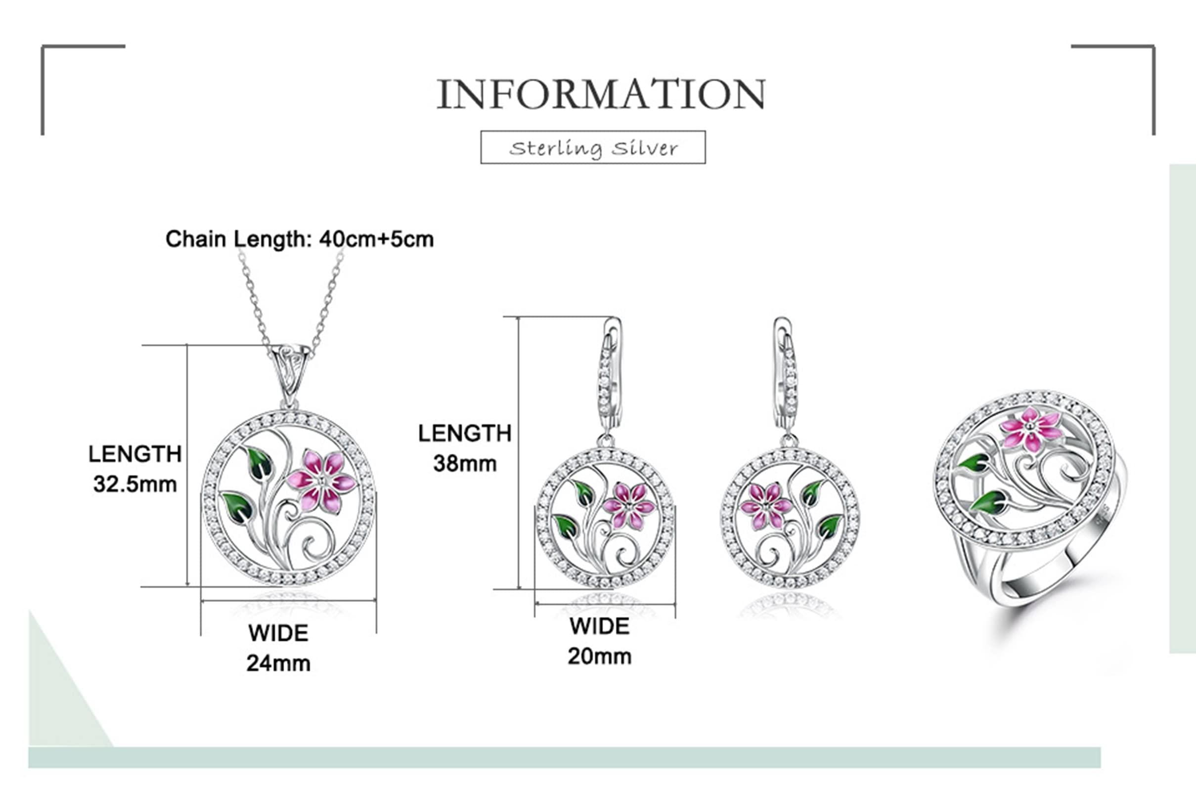 Set di gioielli in argento 925 per le donne, set di gioielli rosa CZ per le donne smalto fiore orecchino collana e anello Lady Jewelry Set, 40+5 CM, Metallo Argento sterling Gemma, Zirconia cubica