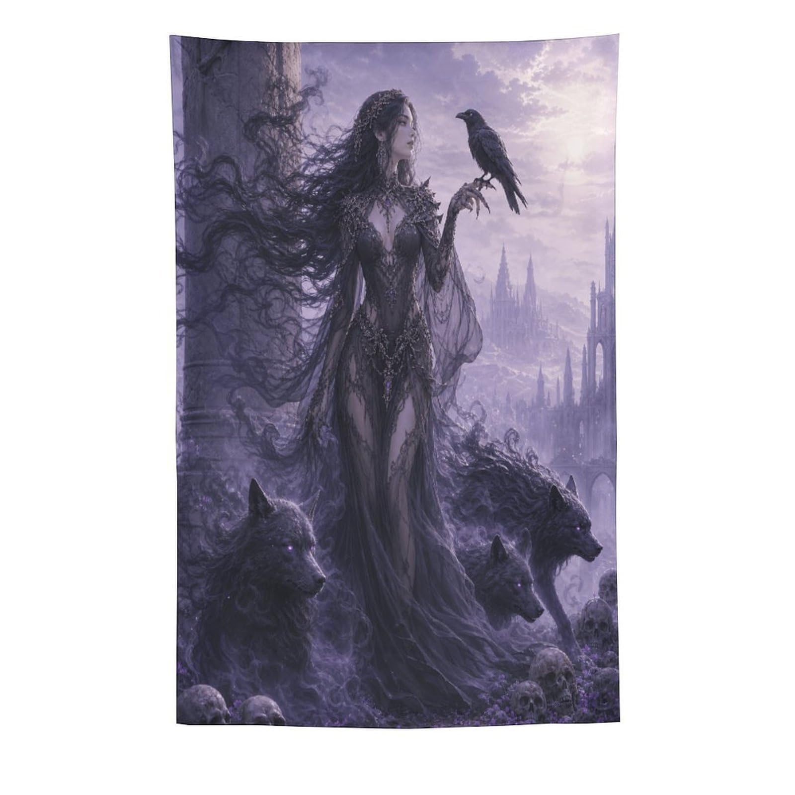 W7C8U2X3 Raven Witch with Wolf Wall Tapestry, Gothic Oil Style, Apartment