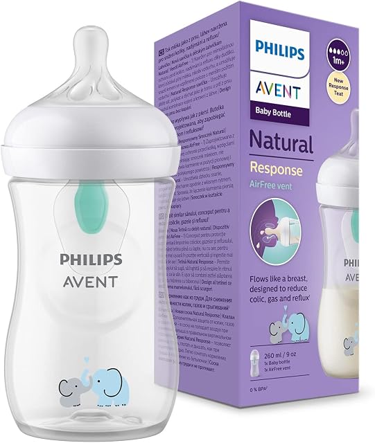 Philips Avent Butelka dla niemowląt Natural Response  260 ml, butelka z nakładką kolkową AirFree, bez bisfenolu A, dla noworodków powyżej 1 miesiąca życia, wzór w słonie (model SCY673/81)
