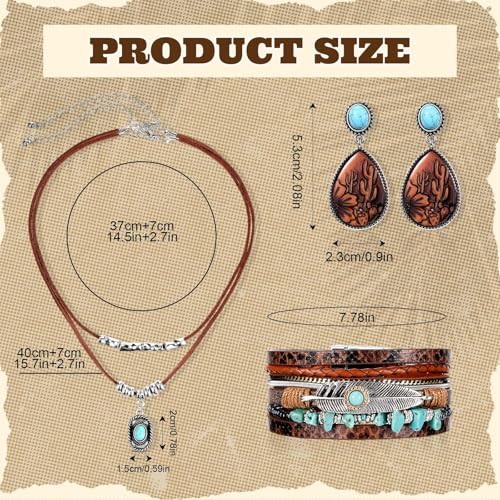Misdary 3 Pcs Rustic Western Jewelry for Women Cowgirl Jewelry Set Turquoise Necklace Earrings Cuff Bangle Bohemian Bracelet for Women2