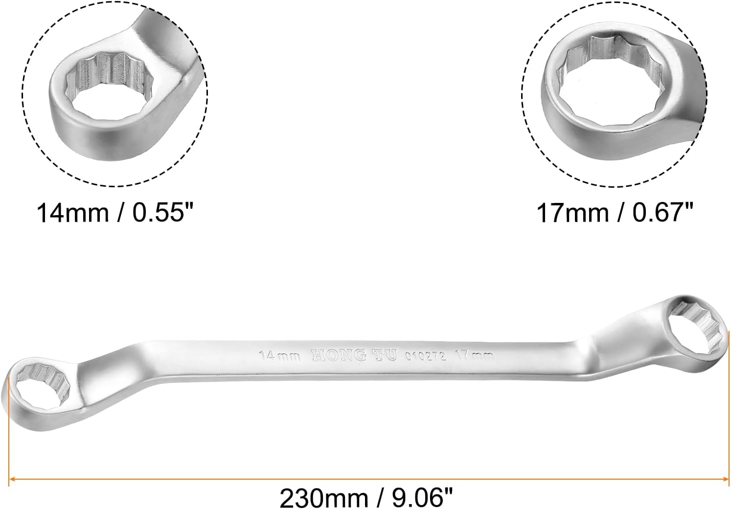 HARFINGTON Offset Extra Long Box End Wrench 14 x 17 mm Metric 12 Point 75 Degree Offset Double End Box Ratcheting Wrench Carbon Steel Polished Long Spanner Tools