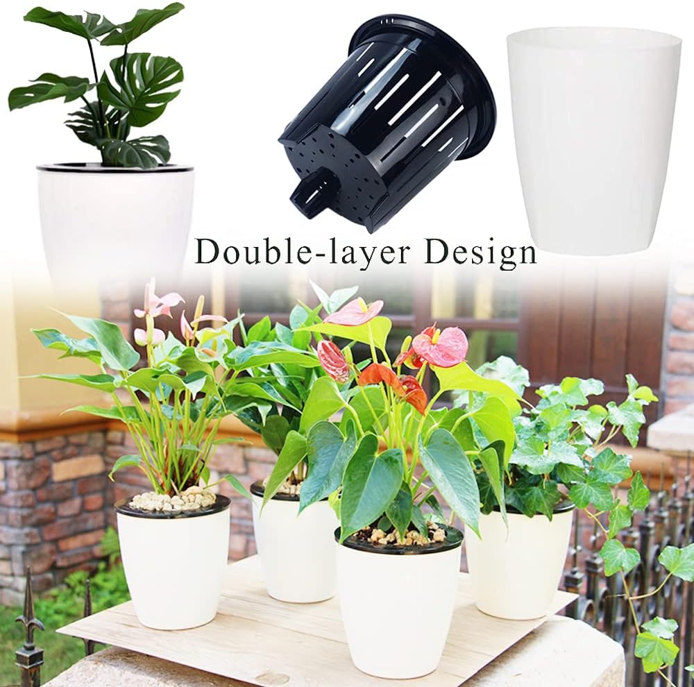Set of 12 White Self-Watering Plastic Planters with Inner Pots